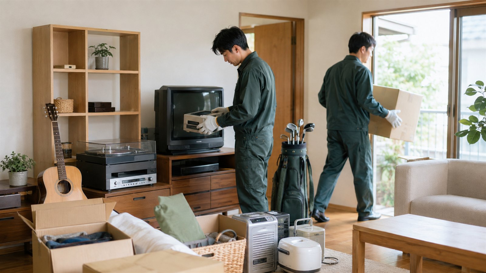不動産売却前の住宅で家財や残置物を仕分けし搬出準備をするイメージ